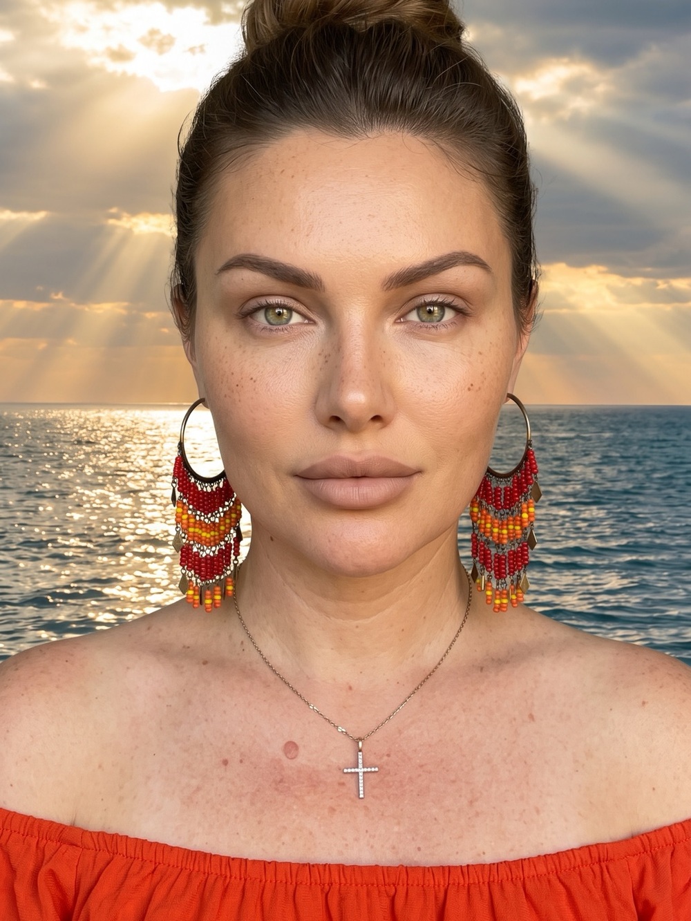 Boho Beaded Fringe Hoop Earrings — Red & Orange 4 inch - Picture 2 of 8